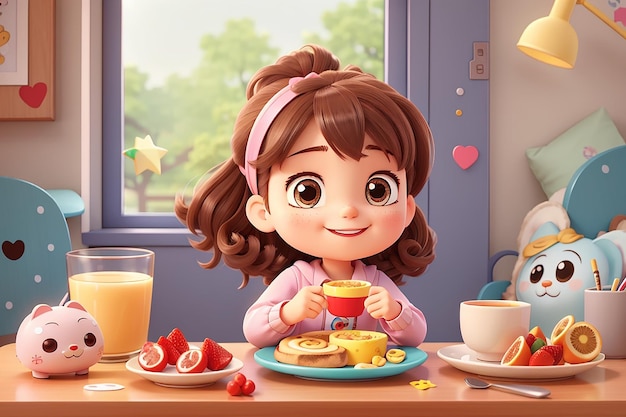 Une enfant heureuse, une fille mignonne, des enfants kawaii prenant le petit déjeuner, un personnage de dessin animé dessiné à la main.