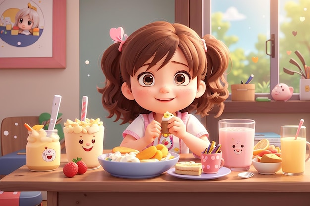 Une enfant heureuse, une fille mignonne, des enfants kawaii prenant le petit déjeuner, un personnage de dessin animé dessiné à la main.