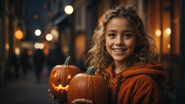 Une enfant heureuse qui s'amuse d'Halloween avec des Jack Olaterns en citrouilles