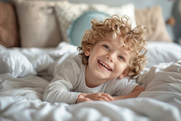 Un enfant heureux allongé sur le lit en train de rire et de jouer.