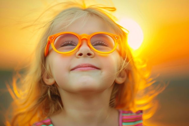 Un enfant heureux apprécie le coucher de soleil avec des lunettes de soleil orange