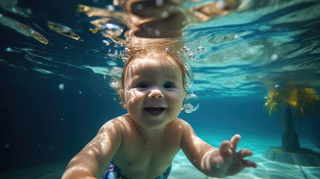 Enfant heureux, apprenant à nager