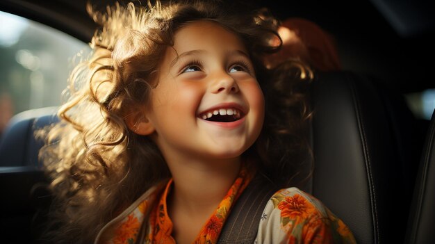 Enfant heureux assis dans une voiture