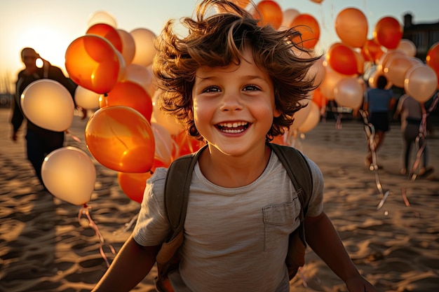 Enfant heureux avec ballon sur la plage au coucher du soleil générative IA