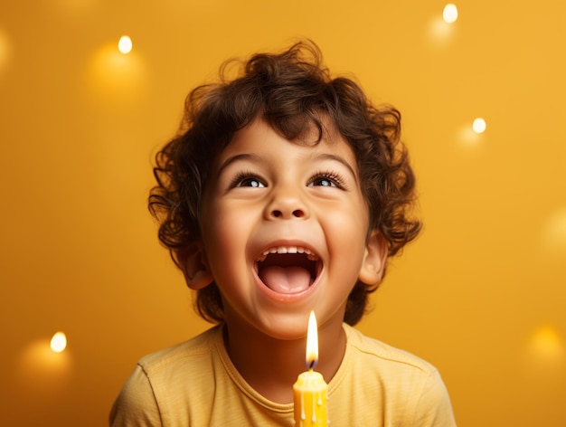 Un enfant heureux à côté d'un gâteau d'anniversaire