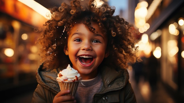 Enfant heureux avec de la crème glacée le soir de la ville