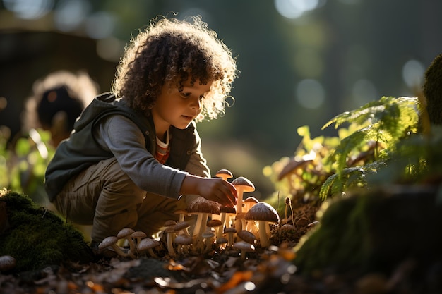 Photo enfant heureux cueillant des champignons dans la forêt d'automne saison de cueillette et concept d'automne pour les loisirs