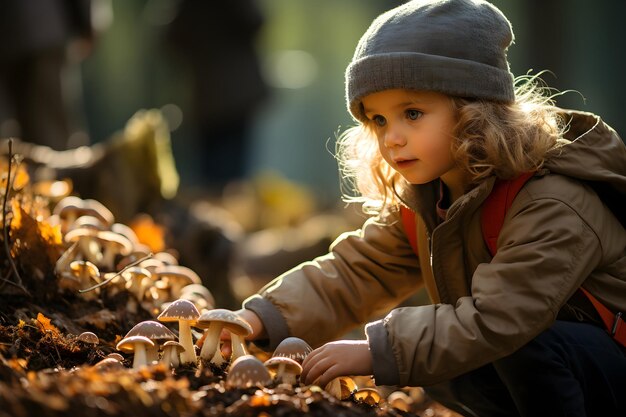 Enfant heureux cueillant des champignons dans la forêt d'automne Saison de cueillette et loisirs Les gens tombent concept