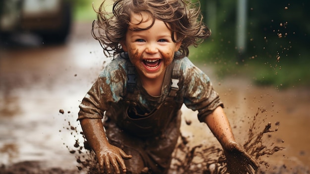 Un enfant heureux dans la boue riant et jouant avec la douleur
