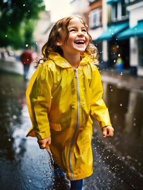 Photo un enfant heureux dans un imperméable jaune courant à travers une flaque d'eau