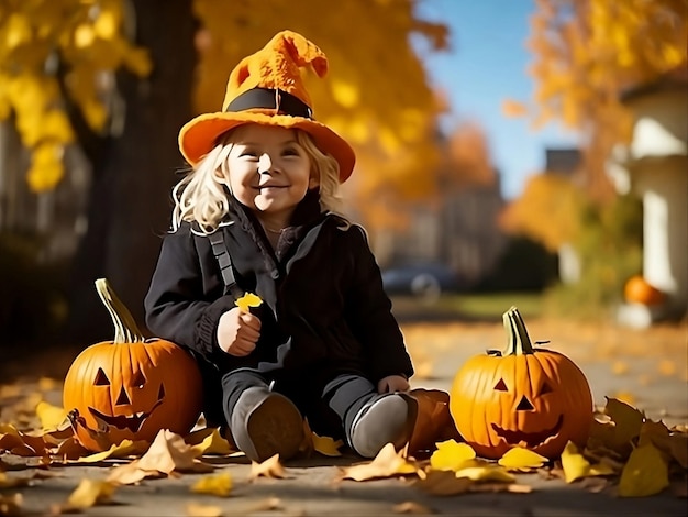 Enfant heureux avec deux citrouilles d'Halloween près de la maison dans un jour ensoleillé joyeux jour férié