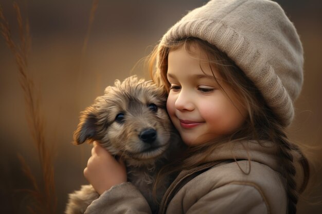 un enfant heureux embrassant un chien à l'extérieur dans la nature