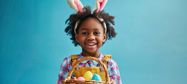 Un enfant heureux fête Pâques avec des œufs colorés.