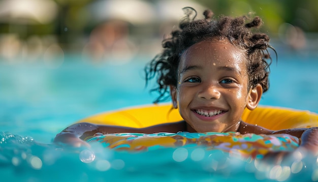 Enfant heureux flottant dans une piscine avec un anneau gonflable en forme de soleil Joie d'été et concept d'enfance