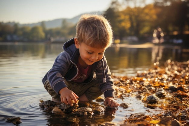 Un enfant heureux jouant avec des bébés tortues au bord du lac