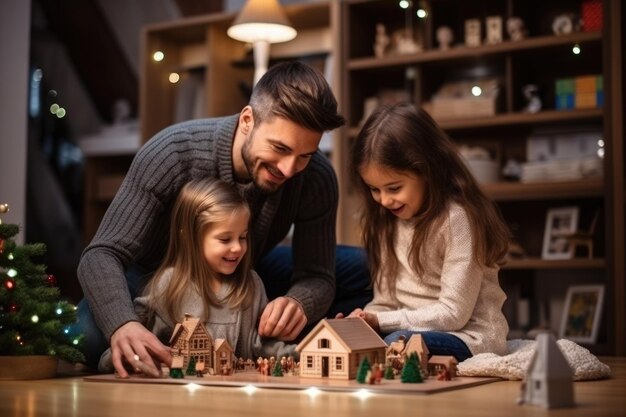 Un enfant heureux jouant à la maison à Noël et au Nouvel An 2024.