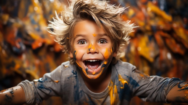 Photo un enfant heureux jouant avec de la peinture dans ses doigts.