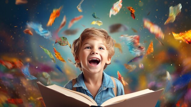 un enfant heureux de lire des livres sur des arrière-plans colorés