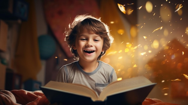 Un enfant heureux lisant un livre dans une chambre d'enfants Monde magique en arrière-plan