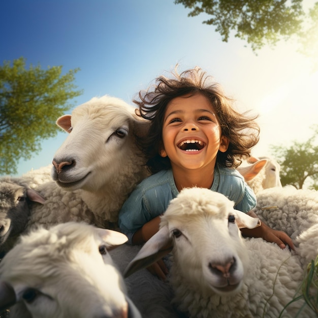 Un enfant heureux avec des moutons