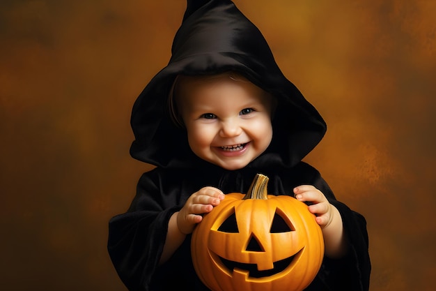 un enfant heureux portant un costume de fantôme d'Halloween tenant une citrouille de jackolantern dans ses mains