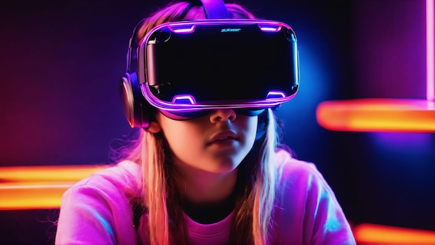 Enfant heureux portant des lunettes VR générées avec l'IA