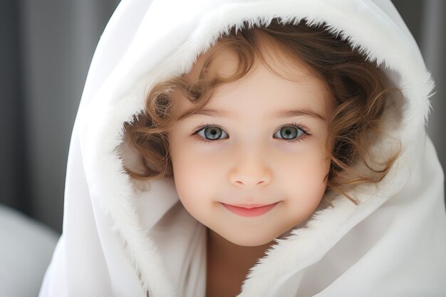 Un enfant heureux portant une serviette blanche avec capuche assis sur le lit après le bain