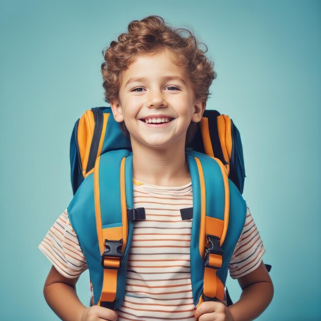 Un enfant heureux portant son sac scolaire sur un fond bleu