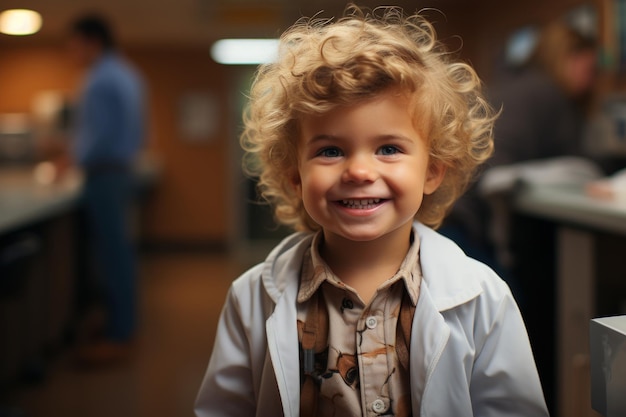 Un enfant heureux porte un costume de médecin et sourit dans l'emploi de ses rêves.