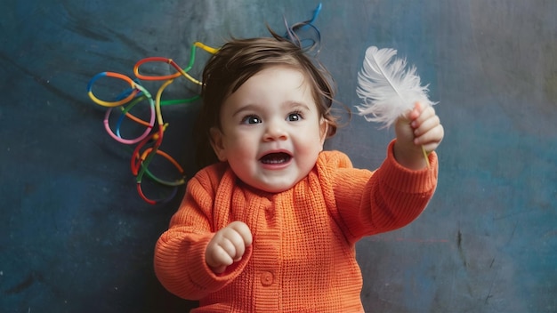 Un enfant heureux en pull orange joue avec des plumes sur le sol.