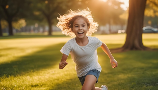 Photo un enfant heureux qui court dans le parc.