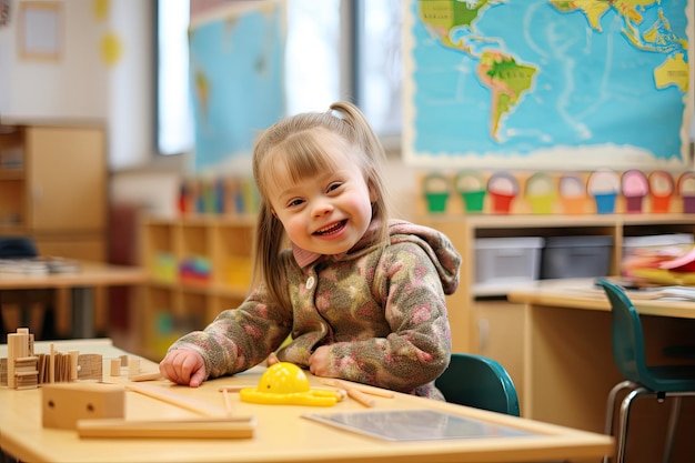 Un enfant heureux avec le syndrome de Down apprécie les jouets d'apprentissage