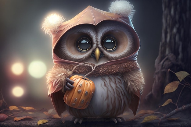 Un enfant hibou mignon avec un costume d'Halloween recueille des bonbons