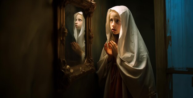 enfant horrifié regardant dans le miroir jouant mère hd fond d'écran