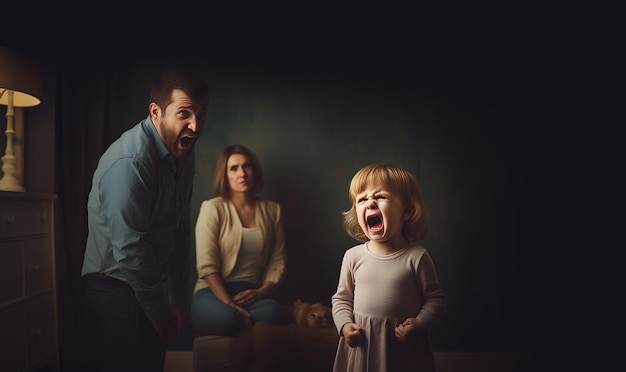 Photo enfant hurlant en colère avec des parents désespérésune mère et un père épuisés et stressés se sentent désespérés