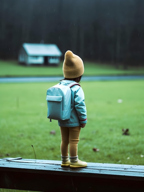Enfant avec imperméable et sac à dos Concept de retour à l'école généré par l'IA