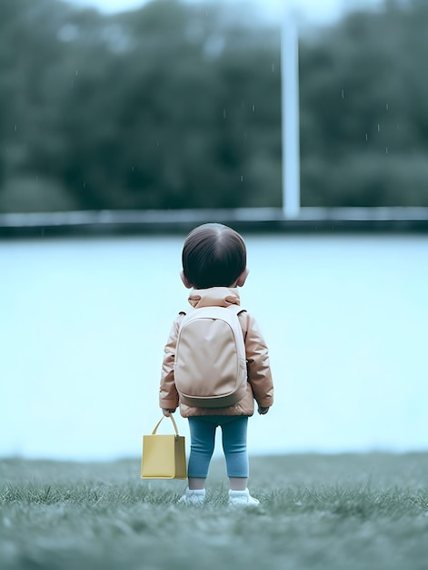 Enfant avec imperméable et sac à dos Concept de retour à l'école généré par l'IA