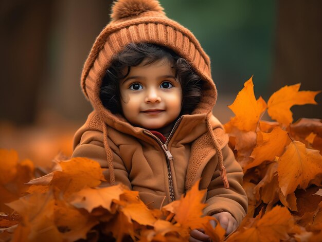 Photo enfant indien dans une pose dynamique émotionnelle ludique sur fond d'automne