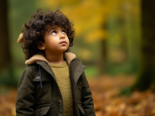 Enfant indien dans une pose dynamique émotionnelle ludique sur fond d'automne