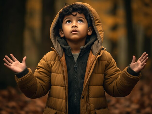 Enfant indien dans une pose dynamique émotionnelle ludique sur fond d'automne