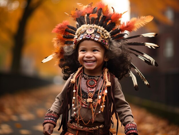 Enfant indien dans une pose dynamique émotionnelle ludique sur fond d'automne