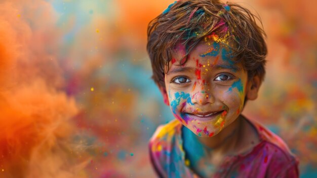 Un enfant indien plongé dans la célébration vibrante de Holi