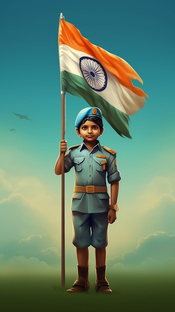 Un enfant indien en tant qu'officier de l'armée tenant le drapeau indien