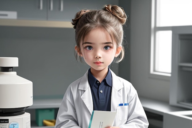 Un enfant intelligent et curieux avec une blouse de laboratoire et un chignon désordonné