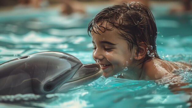 Un enfant interagissant avec un dauphin dans l'eau cristalline Une rencontre joyeuse Une expérience inoubliable Un moment de joie et de connexion