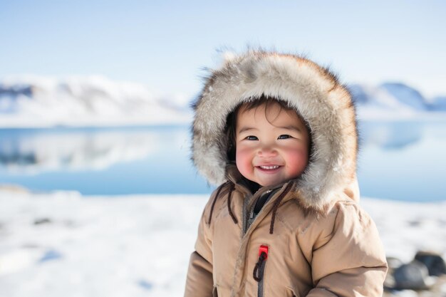 Un enfant inuit joyeux avec une cape de fourrure en Alaska