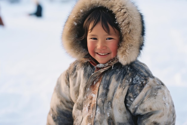 Un enfant inuit souriant en tenue traditionnelle dans le paysage de l'Alaska