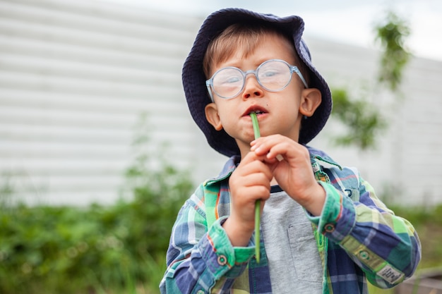 Enfant jardinant et mangeant des oignons verts dans le potager de l'arrière-cour