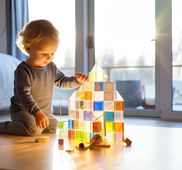 Enfant jouant avec des blocs colorés dans la chambre ai généré