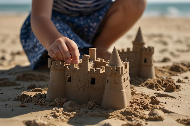 un enfant jouant avec un château de sable sur la plage